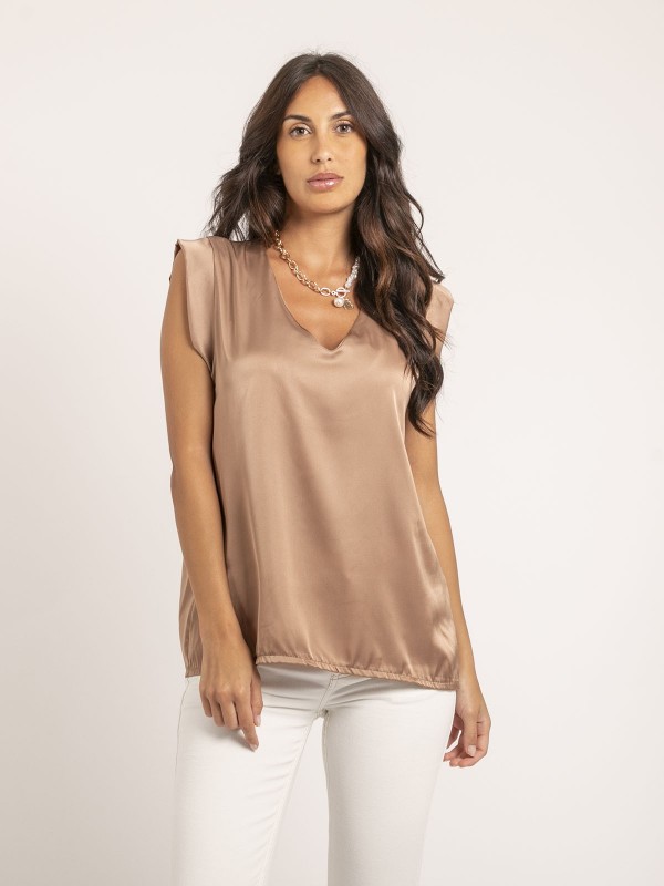 Top col V satin FIKA - Beige