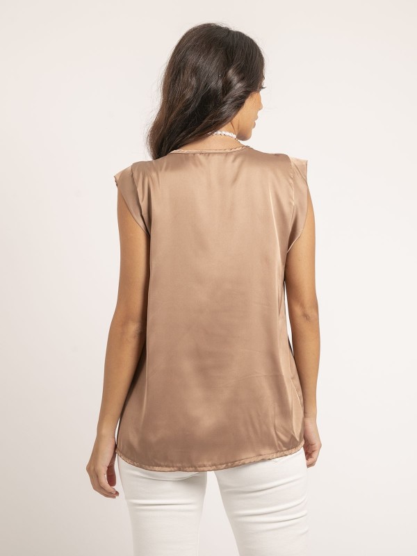 Top col V satin FIKA - Beige