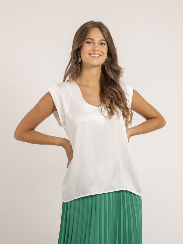 Top col V satin FIKA - Blanc