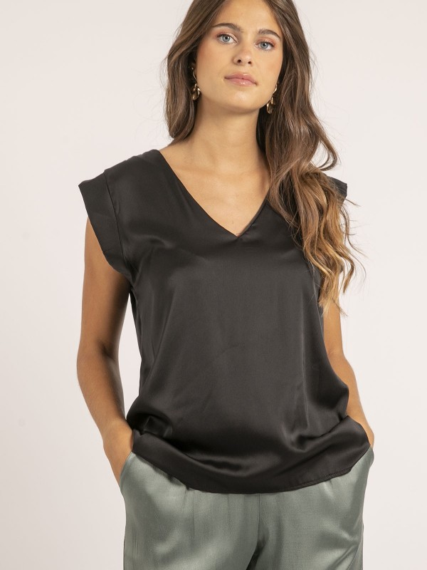 Top col V satin FIKA - Noir