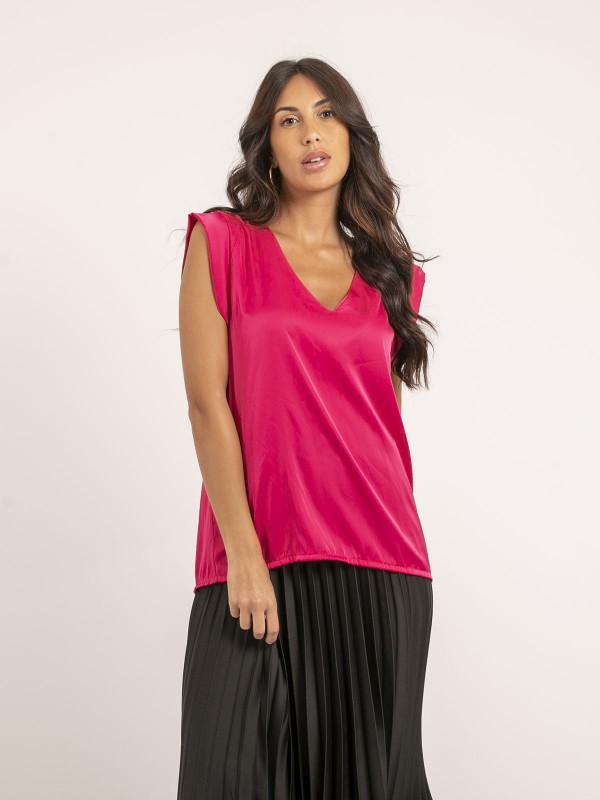 Top col V satin FIKA - Rose