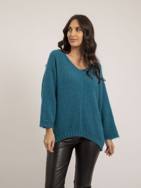 Pull col V KAFIA - Bleu canard