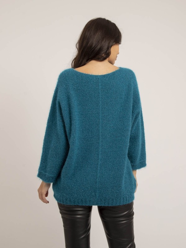 Pull col V KAFIA - Bleu canard