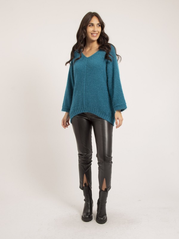 Pull col V KAFIA - Bleu canard
