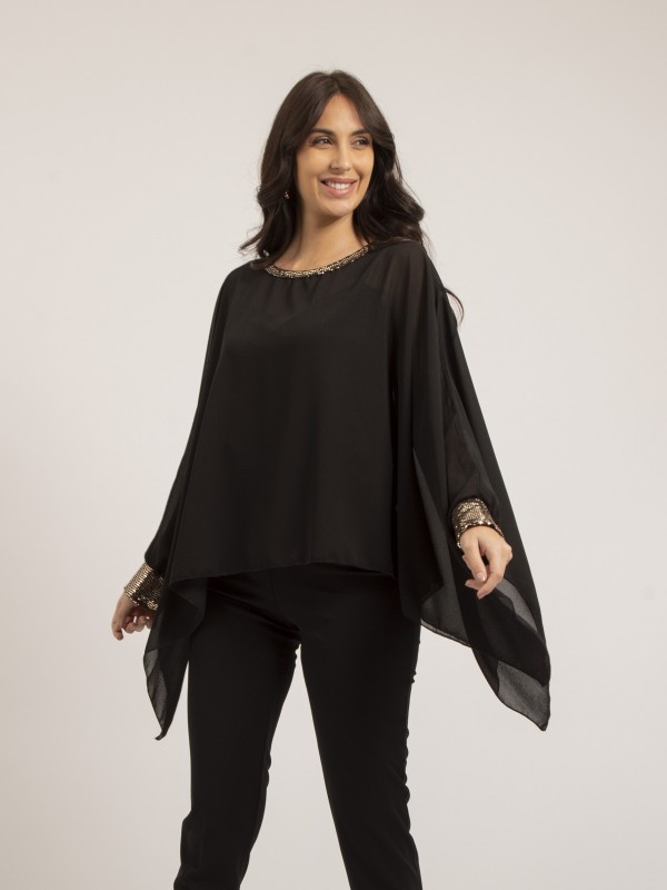 Top poncho voile FANTIA - Noir